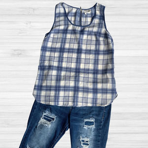 Japna MEDIUM Denim Blue & Cream Slightly Sheer Tank / Camisole Suit Blouse